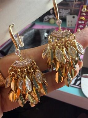 Gold Dangle Cascade Earrings with Crystal Accents - Women Jewelry